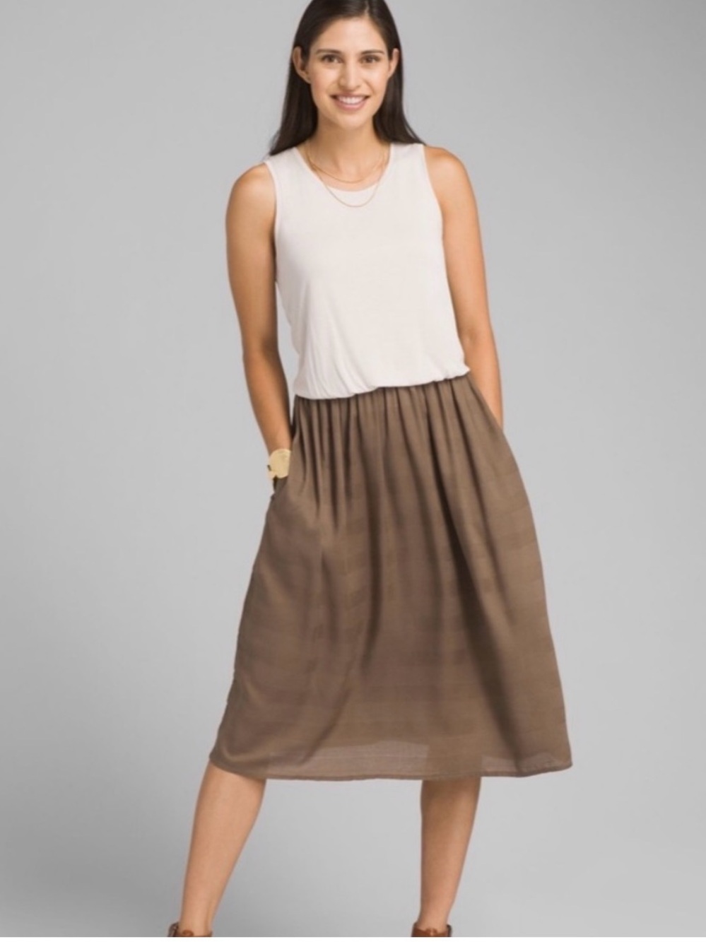 NWT Prana Perry Two-Tone Midi Dress in Cream and Brown Small
